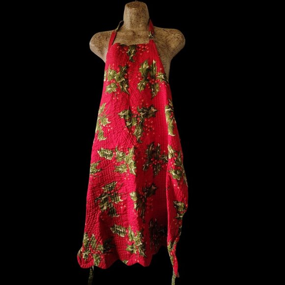 Vtg Reversible Quilted Christmas Apron With Holly & Plaid Design Adjustable Srap - Picture 2 of 12